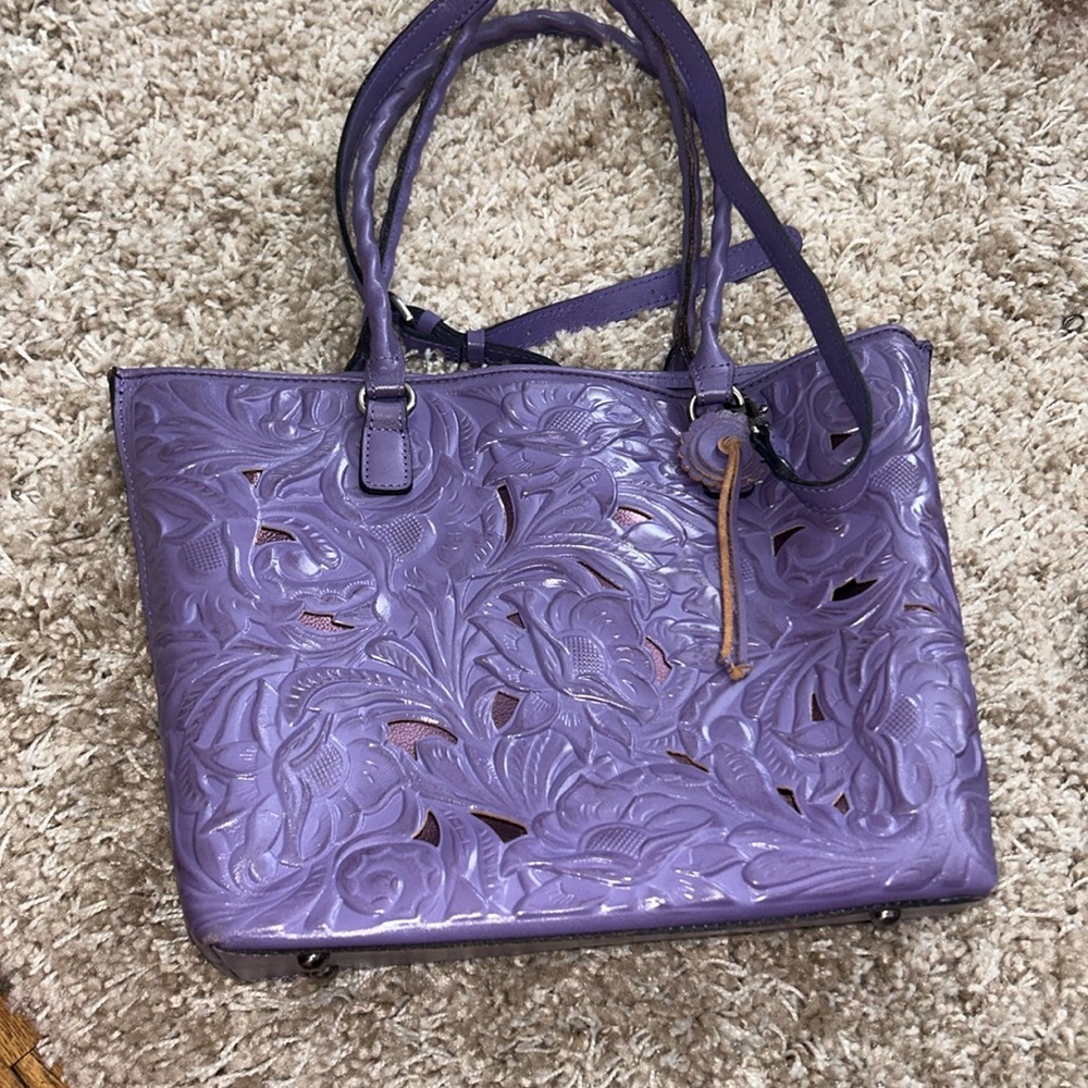 PATRICIA NASH Adeline Amethyst Leather Cutout Tooled Tote Handbag Gorgeous! - Picture 2 of 8